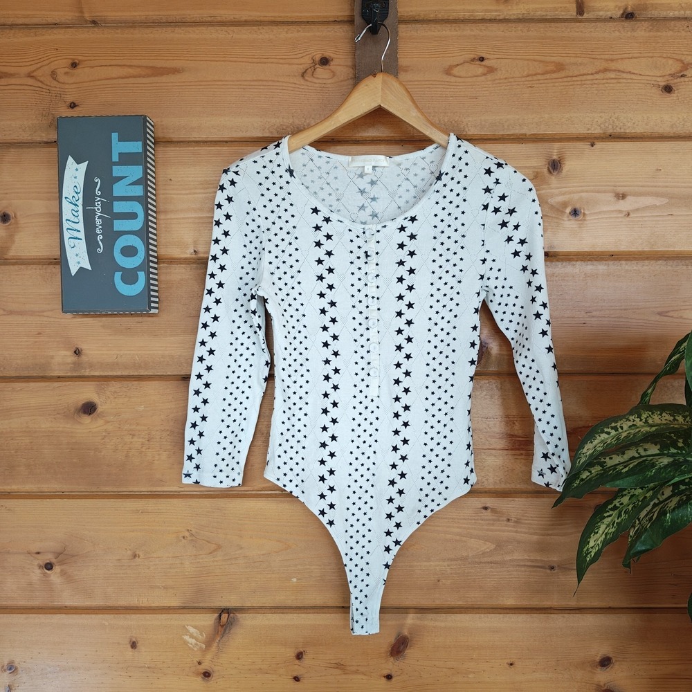 Love Shack Fancy Bodysuit Top Scoop Neck HTF Argyle Black Stars Hearts Knit Sz S